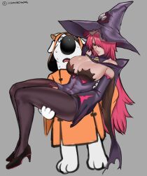 Rule 34 | 1boy, 1girl, absurdres, black pantyhose, blazblue, breasts, brian griffin, cape, carrying, character request, cleavage, cosplay, detached collar, detached sleeves, dog, family guy, hair over one eye, hat, highres, hood, hood up, konoe a. mercury, kowai (iamkowai), large breasts, long hair, pantyhose, pink hair, princess carry, purple cape, purple headwear, purple sleeves, sweat, witch, witch hat, yellow eyes