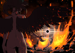 Rule 34 | 1girl, arm at side, ass, back, backlighting, bird wings, black hole, black wings, bow, brown hair, commentary request, completely nude, facing away, flat ass, floating hair, from behind, glowing, glowing skin, green bow, hair bow, highres, kawayabug, long hair, lava, neck, neon trim, nude, radiation symbol, reiuji utsuho, solo, stone, touhou, wings