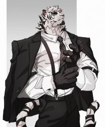 Rule 34 | 1boy, absurdres, adjusting clothes, adjusting gloves, alternate costume, animal ears, arknights, bara, collared shirt, facial hair, feet out of frame, formal, furry, furry male, gloves, goatee, hagrang, head tilt, highres, jacket, jacket on shoulders, large hands, looking at viewer, male focus, mountain (arknights), muscular, muscular male, necktie, pectorals, scar, scar across eye, scar on arm, scar on tail, shirt, short hair, solo, suit, suspenders, thick eyebrows, tiger boy, tiger ears, white hair