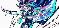 Rule 34 | 1boy, black hair, blonde hair, card, clenched hand, duel disk, holding, holding card, male focus, millennium puzzle, multicolored hair, purple eyes, purple hair, shi (shooo ttt), smile, solo, upper body, yami yugi, yu-gi-oh!, yu-gi-oh! duel monsters