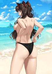 Rule 34 | 1girl, absurdres, adjusting clothes, adjusting swimsuit, ass, back, bare shoulders, beach, bikini, bikini bottom only, black bikini, black hair, blue eyes, blue sky, bnc (bunshi), breasts, curvy, fate/extra, fate/extra record, fate/stay night, fate (series), from behind, hair ribbon, highres, huge ass, long hair, medium breasts, nipples, ocean, panties, ribbon, sideboob, sky, swimsuit, thick thighs, thighs, tohsaka rin, topless, twintails, two side up, underwear, wedgie, wide hips