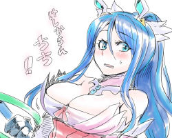 Rule 34 | 1girl, blue eyes, blue hair, blush, breasts, cleavage, fire emblem, gloves, hair ornament, long hair, looking at viewer, nintendo, open mouth, oribe tsubasa, simple background, solo, tokyo mirage sessions fe, tukiwani, weapon, white background