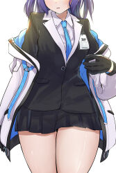 Rule 34 | 1girl, absurdres, black gloves, black skirt, blue archive, blue necktie, collared shirt, faceless, gloves, highres, id card, jacket, jacket partially removed, necktie, purple hair, shirt, shitsugaikotsu, skirt, solo, sweat, sweatdrop, thick thighs, thighs, two-sided fabric, two-sided jacket, two side up, white jacket, white shirt, yuuka (blue archive)