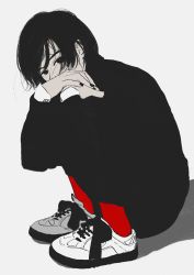 Rule 34 | 1other, absurdres, akino kogomi, ambiguous gender, bad id, bad pixiv id, black eyes, black hair, black nails, covered mouth, hands on own knees, highres, knees up, limited palette, looking at viewer, nail polish, original, own hands together, red legwear, shoes, short hair, sleeve cuffs, sneakers, solo, spot color, squatting, swept bangs