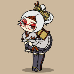 Rule 34 | 1girl, boots, brown background, chibi, chibi only, dress, eyeliner, frilled dress, frills, glasses, grey dress, hair bun, hair ornament, hair stick, knee boots, leaning forward, looking at viewer, makeup, nintendo, own hands together, puffy short sleeves, puffy sleeves, purah, red-framed eyewear, red eyes, round eyewear, shadow, shima takehito, short sleeves, simple background, smile, solo, standing, the legend of zelda, the legend of zelda: breath of the wild, white hair