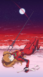 Rule 34 | 1girl, absurdres, arukiru, bandages, bident, blue eyes, brown hair, cloud, film grain, hand on own stomach, highres, interface headset, light brown hair, long hair, lying, moon, mountain, neon genesis evangelion, ocean, on back, outdoors, parted lips, planted, plugsuit, polearm, red ocean, sand, shooting star, sky, solo, souryuu asuka langley, spear, star (sky), starry sky, the end of evangelion, twintails, water, weapon