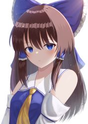 Rule 34 | 1girl, absurdres, alternate color, anima miko, ascot, bare shoulders, blue bow, blue eyes, bow, brown hair, closed mouth, detached sleeves, eyebrows hidden by hair, hair bow, hair tubes, hakurei reimu, highres, looking at viewer, medium hair, nontraditional miko, player 2, simple background, solo, touhou, upper body, white background, yellow ascot