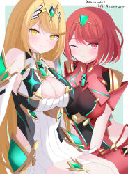 Rule 34 | 2girls, absurdres, blonde hair, breasts, cleavage, highres, large breasts, multiple girls, mythra (xenoblade), non non427, pyra (xenoblade), red eyes, red hair, xenoblade chronicles (series), xenoblade chronicles 2, yellow eyes