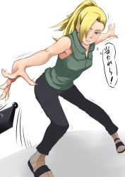 Rule 34 | 1girl, armpits, blonde hair, blue eyes, breasts, clenched teeth, female focus, hair over one eye, ichihisa, long hair, naruto, naruto (series), shoes, solo, standing, teeth, text focus, translation request, weapon, yamanaka ino