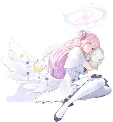 Rule 34 | 1girl, angel wings, black footwear, blue archive, breasts, closed eyes, closed mouth, commentary, dress, english commentary, feathered wings, flower, hair bun, hair flower, hair ornament, hair scrunchie, halo, highres, hyury, large breasts, long hair, low wings, mika (blue archive), pantyhose, pink hair, pink halo, scrunchie, simple background, single side bun, smile, solo, white background, white dress, white pantyhose, white wings, wing ornament, wings