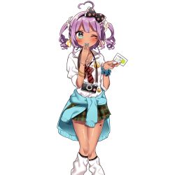 Rule 34 | 1girl, ahoge, aqua eyes, artist request, black bow, blue nails, blunt bangs, blush, bow, bracelet, braid, breasts, camera, card, charm (object), clothes around waist, collared shirt, dark-skinned female, dark skin, diagonal stripes, embarrassed, eyebrows, fingernails, flower, french braid, green skirt, gyaru, hair bow, hair flower, hair ornament, hairband, hand to own mouth, hands up, heart, heart-shaped pupils, heart ahoge, heart necklace, holding, holding card, jewelry, kneehighs, kogal, lace, layered legwear, legs together, liliru lily, lily (flower), long fingernails, looking at viewer, loose socks, miniskirt, nail polish, necklace, official art, one eye closed, parted bangs, plaid, plaid skirt, pleated skirt, polka dot, polka dot bow, purple hair, red bow, scrunchie, shiny skin, shirt, short hair, sidelocks, skirt, small breasts, smile, smiley face, socks, solo, standing, star (symbol), striped, striped bow, sweater, sweater around waist, symbol-shaped pupils, tied shirt, transparent background, two side up, uchi no hime-sama ga ichiban kawaii, wavy hair, white flower, white socks, wrist scrunchie, yellow bow