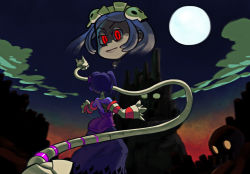 Rule 34 | 1girl, artist request, backless outfit, bad id, bad tumblr id, bare shoulders, bloody marie (skullgirls), blue hair, blue skin, castlevania (1986), castlevania (series), colored skin, corset, detached sleeves, from behind, full moon, leviathan (skullgirls), long hair, long skirt, maid headdress, moon, parody, red eyes, side ponytail, skirt, skull, skullgirls, solo, squigly (skullgirls), striped, striped sleeves, zombie