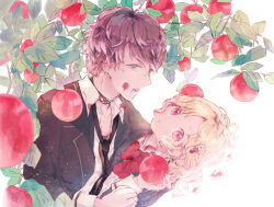 Rule 34 | 1boy, 1girl, apple, black jacket, black necktie, blonde hair, blood, blood on clothes, blood on face, blue eyes, bow, bowtie, brown hair, diabolik lovers, flower, food, fruit, fruit tree, hair flower, hair ornament, hano luno, holding, holding food, holding fruit, jacket, komori yui, leaning back, mukami ruki, multicolored hair, necktie, open mouth, parted bangs, pink eyes, red bow, red bowtie, shirt, short hair, tree, vampire, wavy hair, white background, white shirt