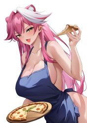 1girl absurdres animal_ear_fluff animal_ears apron blue_apron blush breasts cleavage commentary croenji dutch_angle fang food hair_between_eyes hair_intakes hand_up highres holding holding_food holding_pizza hololive hololive_english large_breasts long_hair looking_at_viewer multicolored_hair naked_apron open_mouth panther_ears panther_girl pink_hair pizza pizza_slice raora_panthera sideboob simple_background skin_fang smile solo streaked_hair symbol-only_commentary tongue two-tone_hair upper_body very_long_hair virtual_youtuber white_background white_hair yellow_eyes