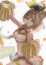 Rule 34 | 1girl, ;d, absurdres, alternate costume, animal ear fluff, animal ears, arknights, arm up, bare shoulders, beanstalk (arknights), blush, braid, breasts, brown hair, character name, cheerleader, cleavage, clothes writing, confetti, cowboy shot, creature on head, dated, from side, hair over shoulder, hairband, happy birthday, highres, long hair, looking at viewer, looking to the side, medium breasts, metal crab (arknights), miniskirt, multicolored hairband, navel, one eye closed, open mouth, pom pom (cheerleading), red eyes, single braid, skirt, smile, solo, sore watasino, stomach, thigh strap, white skirt