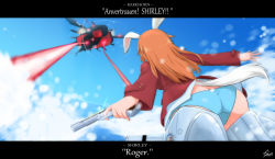 Rule 34 | 1girl, absurdres, ass, blazer, breasts, butt crack, charlotte e. yeager, flying, from behind, gun, handgun, highres, jacket, kukoroko, large breasts, long hair, neuroi, orange hair, panties, pistol, rabbit ears, rabbit girl, rabbit tail, red jacket, shiny skin, skindentation, sky, strike witches, striker unit, underwear, weapon, white panties, world witches series