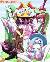 5girls animal_ears ass black_pantyhose black_sclera blue_background blue_hair braixen breasts colored_sclera colored_skin constricted_pupils covered_mouth creatures_(company) ditto fox_ears game_freak gardevoir gen_1_pokemon gen_3_pokemon gen_4_pokemon gen_6_pokemon gen_7_pokemon gen_8_pokemon gradient_background gradient_hair grass green_background green_hair hair_over_one_eye half-closed_eyes hatterene highres kneeling large_breasts long_hair lopunny mega_lopunny mega_pokemon multicolored_hair multiple_girls nintendo nipples no_humans object_insertion open_mouth pantyhose pink_eyes pink_hair pokemon pokemon_(creature) rabbit_ears red_eyes reit sitting spread_legs tentacle_sex tentacles tongue tongue_out torn_clothes torn_pantyhose tsareena vaginal vaginal_object_insertion white_skin