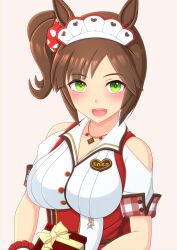 Rule 34 | 1girl, 2-butani, absurdres, animal ears, bare shoulders, blush, breasts, brown hair, brown nails, candy, chocolate, chocolate heart, cleavage, clothing cutout, commentary request, food, green eyes, grin, hair ornament, hair scrunchie, hand up, heart, heart on chest, high-waist skirt, highres, holding, holding chocolate, holding food, horse ears, horse girl, horse tail, ines fujin (melty gift) (umamusume), ines fujin (umamusume), large breasts, looking at viewer, maid headdress, name tag, red skirt, scrunchie, shirt, short hair, short sleeves, shoulder cutout, side ponytail, simple background, skirt, smile, solo, tail, umamusume, upper body, white background, white shirt, wrist cuffs