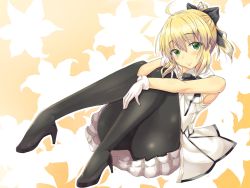 Rule 34 | 1girl, ahoge, artoria pendragon (fate), blonde hair, bow, fate/grand order, fate/stay night, fate/unlimited codes, fate (series), gloves, green eyes, hair bow, high heels, kotomi tatsuru, pantyhose, ponytail, saber (fate), saber lily, sleeveless, smile, solo