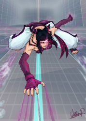Rule 34 | 1girl, all fours, ass, baggy pants, barefoot, black hair, bracelet, breasts, butt crack, capcom, detached sleeves, double bun, drill hair, elbow gloves, feet, fingerless gloves, gloves, glowing, glowing eye, halterneck, halterneck, han juri, highres, hironicamente, jewelry, looking at viewer, nail polish, pants, signature, smile, smirk, solo, speed lines, spiked bracelet, spikes, street fighter, street fighter iv (series), toeless legwear, toenail polish, toenails, toes, twin drills, wallace pires