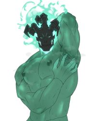 Rule 34 | 1boy, absurdres, arm up, armpit focus, armpits, bara, colored skin, fake horns, fiery hair, fire, ghangaji, green fire, green skin, helmet, highres, horned helmet, horns, large pectorals, league of legends, looking at viewer, male focus, monster boy, muscular, muscular male, nipples, nude, pectorals, presenting armpit, shaved body, simple background, smell, solo, spread armpit, steam, sweat, thresh (league of legends), upper body, very sweaty, white background