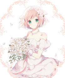 Rule 34 | 1322amtr, 1girl, absurdres, bare shoulders, bouquet, bride, cowboy shot, dress, estellise sidos heurassein, flower, gloves, green eyes, hair flower, hair ornament, highres, jewelry, looking at viewer, necklace, petals, pink hair, short hair, smile, solo, strapless, strapless dress, tales of (series), tales of vesperia, veil, wedding dress, white background, white dress, white gloves
