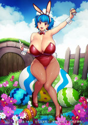 Rule 34 | 1girl, absurdres, animal ear fluff, animal ears, arm up, armpits, bare shoulders, black pantyhose, blue hair, blunt bangs, blush, bow, bowtie, breasts, cleavage, cloud, cloudy sky, commentary, day, detached collar, door, earrings, easter, easter egg, egg, english commentary, erkaz, fake animal ears, fence, fishnet pantyhose, fishnets, flower, full body, grass, hair ornament, high heels, highres, holding, holding egg, holding marker, huge breasts, jewelry, leotard, looking at viewer, marker, open mouth, original, outdoors, pantyhose, pink lips, playboy bunny, rabbit ears, red bow, red bowtie, red eyes, red footwear, red leotard, rina atherina, round teeth, short hair, sitting, skindentation, sky, smile, solo, teeth, twintails, upper teeth only, veins, veiny breasts, water, wrist cuffs