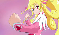 Rule 34 | 1girl, aida mana, blonde hair, closed mouth, cure heart, detached sleeves, dokidoki! precure, fighting stance, fuchi (nightmare), gradient background, high ponytail, highres, long hair, magical girl, pink background, pink eyes, pink shirt, pink sleeves, precure, shirt, solo, upper body