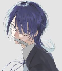 Rule 34 | 1boy, adam&#039;s apple, blue eyes, blue hair, check copyright, copyright request, dagger, from side, glasses, grey background, hair over one eye, highres, kiyo03680760, knife, long hair, looking at viewer, looking to the side, male focus, mouth hold, neck ribbon, original, portrait, ribbon, semi-rimless eyewear, simple background, sketch, solo, swept bangs, under-rim eyewear, weapon, weapon in mouth