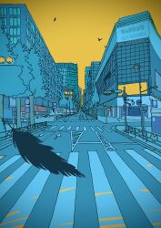 Rule 34 | absurdres, bird, black feathers, building, crosswalk, crow, feathers, highres, lamppost, limited palette, no humans, original, outdoors, road, sky, street, traffic light, tree, vanishing point, xtoku5x, yellow sky