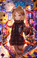 Rule 34 | 1girl, abigail williams (fate), abigail williams (traveling outfit) (fate), absurdres, animal print, balloon, black bow, black jacket, blonde hair, blue eyes, bow, closed mouth, commentary request, crossed bandaids, fang, fang out, fate/grand order, fate (series), glowing, hair bow, hair bun, heterochromia, highres, holding, holding balloon, jacket, long hair, long sleeves, luminous, medjed (fate), official alternate costume, orange bow, parted bangs, polka dot, polka dot bow, purple eyes, single hair bun, sleeves past fingers, sleeves past wrists, solo, standing, stuffed animal, stuffed toy, teddy bear, tentacles, tiger print