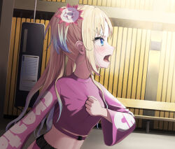 1girl absurdres asumi_dori blonde_hair blue_eyes blue_hair blush breasts buckle bus_stop clothes_writing commentary_request cropped_shirt crying crying_with_eyes_open dutch_angle fang flower from_side gradient_hair hair_flower hair_ornament hand_on_own_chest highres light_blue_hair link!_like!_love_live! long_hair long_sleeves looking_ahead love_live! lower_teeth_only medium_breasts midriff multicolored_hair official_alternate_costume open_mouth osawa_rurino pants parted_bangs partial_commentary pink_flower pink_pants pink_shirt profile shirt sidelocks snap-fit_buckle solo tears teeth tongue twintails upper_body virtual_youtuber white_flower wide_sleeves