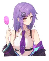 Rule 34 | 1girl, bare shoulders, black jacket, breasts, candy, collared shirt, cropped torso, food, hand up, head tilt, highres, holding, jacket, jun (aousa0328), lollipop, long hair, looking at viewer, monocle, monster strike, necktie, off shoulder, open clothes, open jacket, orange eyes, pointy ears, purple hair, sherlock holmes (monster strike), shirt, sidelocks, simple background, sleeveless, sleeveless shirt, small breasts, solo, strap, swirl lollipop, white background, white shirt