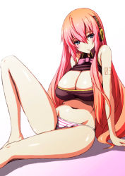 Rule 34 | 1girl, blue eyes, breasts, cleavage, headphones, large breasts, long hair, megurine luka, panties, pink hair, plump, simple background, sitting, solo, striped clothes, striped panties, underwear, vocaloid, wakame