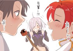Rule 34 | &gt; &lt;, 1boy, 2girls, ahoge, armor, bare shoulders, blue eyes, blush, boudica (fate), breasts, dual persona, elbow gloves, closed eyes, fate/grand order, fate (series), feeding, fujimaru ritsuka (male), gloves, grey hair, hair over one eye, mash kyrielight, multiple girls, open mouth, purple hair, red hair, short hair