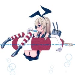 Rule 34 | 10s, 1girl, :3, afloat, ass, bare shoulders, black panties, blonde hair, blue eyes, bubble, elbow gloves, floating, food, gloves, hair ribbon, ice cream, innertube, kantai collection, landolt tamaki, long hair, panties, pantyshot, personification, popsicle, rensouhou-chan, ribbon, sailor collar, shimakaze (kancolle), simple background, sitting, skirt, solo, striped clothes, striped thighhighs, swim ring, thighhighs, tongue, tongue out, underwear, upskirt, white gloves
