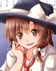 Rule 34 | 1girl, :d, black hat, blue background, bow, braid, brown eyes, brown hair, collarbone, gradient background, hat, hat bow, highres, looking at viewer, one-hour drawing challenge, open mouth, oshiaki, short hair, side braid, smile, solo, touhou, upper body, usami renko, white bow
