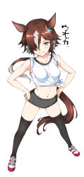 Rule 34 | 1girl, animal ears, bare arms, blush, brown hair, buruma, collarbone, floating hair, full body, grey buruma, grin, gym uniform, hair over one eye, hamao, hands on own hips, highres, horse ears, long hair, ponytail, shirt, shoes, simple background, smile, sneakers, solo, standing, thighhighs, tied shirt, umamusume, very long hair, vodka (umamusume), white background, white shirt, yellow eyes