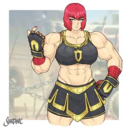 Rule 34 | 1girl, abs, bike shorts under skirt, black gloves, black skirt, black sports bra, breasts, chain, chain necklace, cropped legs, gloves, gold chain, green eyes, hair intakes, hand wraps, highres, jewelry, large breasts, looking at viewer, makeup, marisa (street fighter), mascara, midriff, mole, mole under eye, muscular, muscular female, necklace, nose, red hair, shardanic, short hair, skirt, solo, sports bra, standing, street fighter, street fighter 6, sweat, veins, veiny arms