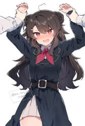 Rule 34 | 1girl, ahoge, belt, brown belt, brown hair, double bun, hair bun, highres, holding another&#039;s wrist, ikeuchi tanuma, long hair, long sleeves, lying, neck ribbon, on back, open mouth, original, red eyes, red ribbon, restrained, ribbon, school uniform, simple background, skirt, solo focus, twitter username, white background, white skirt