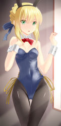 Rule 34 | 1girl, absurdres, animal ears, artoria pendragon (all), artoria pendragon (fate), bare shoulders, black pantyhose, blonde hair, blush, bow, bowtie, braid, breasts, cleavage, detached collar, duplicate, fake animal ears, fate/stay night, fate (series), green eyes, hair ribbon, highres, leotard, long hair, open mouth, pantyhose, playboy bunny, rabbit ears, ribbon, saber (fate), small breasts, solo, taka (takahirokun), thigh gap, wrist cuffs
