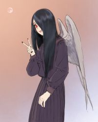 Rule 34 | 1girl, angel wings, black hair, black shirt, black skirt, commentary request, cowboy shot, grey wings, hair over one eye, hand up, highres, hiramedousa, long hair, long sleeves, looking at viewer, original, pleated skirt, red eyes, shirt, skirt, solo, tongue, tongue out, v, wings