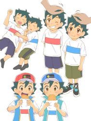 Rule 34 | 2boys, ash ketchum, blue stripes, child, choco99poke, clone, creatures (company), eating, egg, food, game freak, headpat, holding, holding food, looking at viewer, multiple boys, nintendo, pokemon, pokemon (anime), pokemon journeys, pokemon swsh089, red stripes, siblings, simple background, twins, white background