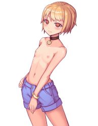 Rule 34 | 1boy, bad id, bad pixiv id, bangle, blonde hair, blue shorts, bracelet, brown choker, choker, clyde s, contrapposto, cowboy shot, hand on own hip, highres, jewelry, looking at viewer, male focus, navel, nipples, red eyes, short hair, short shorts, shorts, simple background, smile, solo, topless male, trap, white background