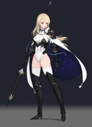 Rule 34 | + +, 1girl, armor, armored boots, blonde hair, blue eyes, boots, breasts, cape, choker, commentary request, covered navel, earrings, full body, fur collar, gauntlets, high heels, highleg, highleg leotard, highres, holding, holding weapon, jewelry, knight, lance, large breasts, leotard, long hair, looking to the side, original, parted lips, polearm, revision, rikui (rella2930), shoulder armor, simple background, small hands, solo, thigh boots, thighhighs, weapon, white leotard