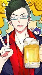 Rule 34 | 1boy, 2girls, :d, a-chan (hololive), absurdres, alcohol, beer, beer mug, blue-framed eyewear, blue bow, blue eyes, blue hair, blue jacket, bow, brown hair, crying, cup, daidou shinove, dark green hair, glasses, green hair, hair bow, harusaki nodoka, highres, hizaki gamma (artist), holding, holding cup, hololive, holostars, jacket, looking at viewer, male focus, mug, multiple girls, open collar, open mouth, outline, polka dot, polka dot background, print shirt, red shirt, shirt, short hair, sideburns, smile, smiley face, striped clothes, striped shirt, swept bangs, upper body, v, vertical-striped clothes, vertical-striped shirt, yellow background