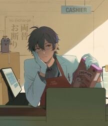 Rule 34 | 1boy, ahoge, apron, blue eyes, blue hair, bored, box, cardboard box, cash register, cashier, cereal box, closed mouth, coat, commentary request, english text, frown, glasses, gloves, hand on own cheek, hand on own face, head rest, highres, holding, holding box, indoors, lab coat, leos vincent, leos vincent (1st costume), long sleeves, looking to the side, male focus, mameneko (leos vincent), mixed-language text, necktie, nijisanji, pen in pocket, purple necktie, red apron, shop, short hair, solo, supermarket simulator, upper body, virtual youtuber, vuvuzuke, white coat, white gloves