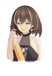 Rule 34 | 1girl, absurdres, alternate costume, arknights, bare arms, bare shoulders, black hair, bottle, breasts, champagne bottle, commentary, cropped torso, hair between eyes, hand up, highres, holding, holding bottle, lcy bingzi, magallan (arknights), medium breasts, multicolored hair, nail polish, short hair, simple background, sleeveless, solo, streaked hair, upper body, white background, white hair, yellow eyes