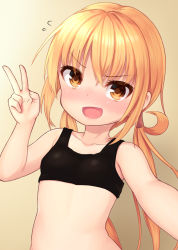 Rule 34 | &gt;:d, 10s, 1girl, :d, binsen, blonde hair, blush, breasts, collarbone, kantai collection, long hair, looking at viewer, low twintails, nose blush, open mouth, reaching, reaching towards viewer, satsuki (kancolle), selfie, small breasts, smile, solo, sports bra, twintails, upper body, v, v-shaped eyebrows, yellow eyes