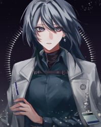 Rule 34 | 1girl, black background, black hair, black shirt, chest strap, chief (path to nowhere), coat, coat on shoulders, collared shirt, commentary request, earrings, female chief (path to nowhere), grey coat, grey eyes, hair between eyes, highres, id card, isakuu, jewelry, long hair, looking at viewer, parted lips, path to nowhere, shirt, solo, upper body